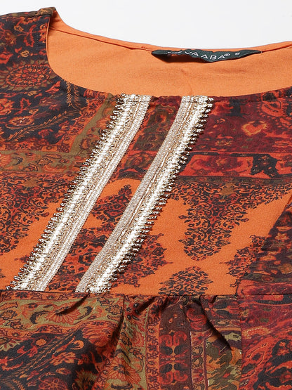 Women's Orange Color Chanderi Silk Floral A-Line Digital Printed Kurta Palazzo Set