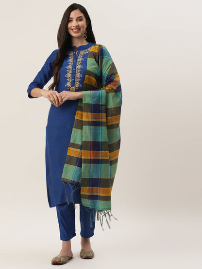 Women's Blue Rayon Blend Embroidered Straight Kurta Trouser Set With Dupatta