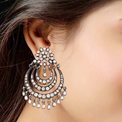 Women's  Silver Oxidised Traditional Stone Studded Chandbali Earrings