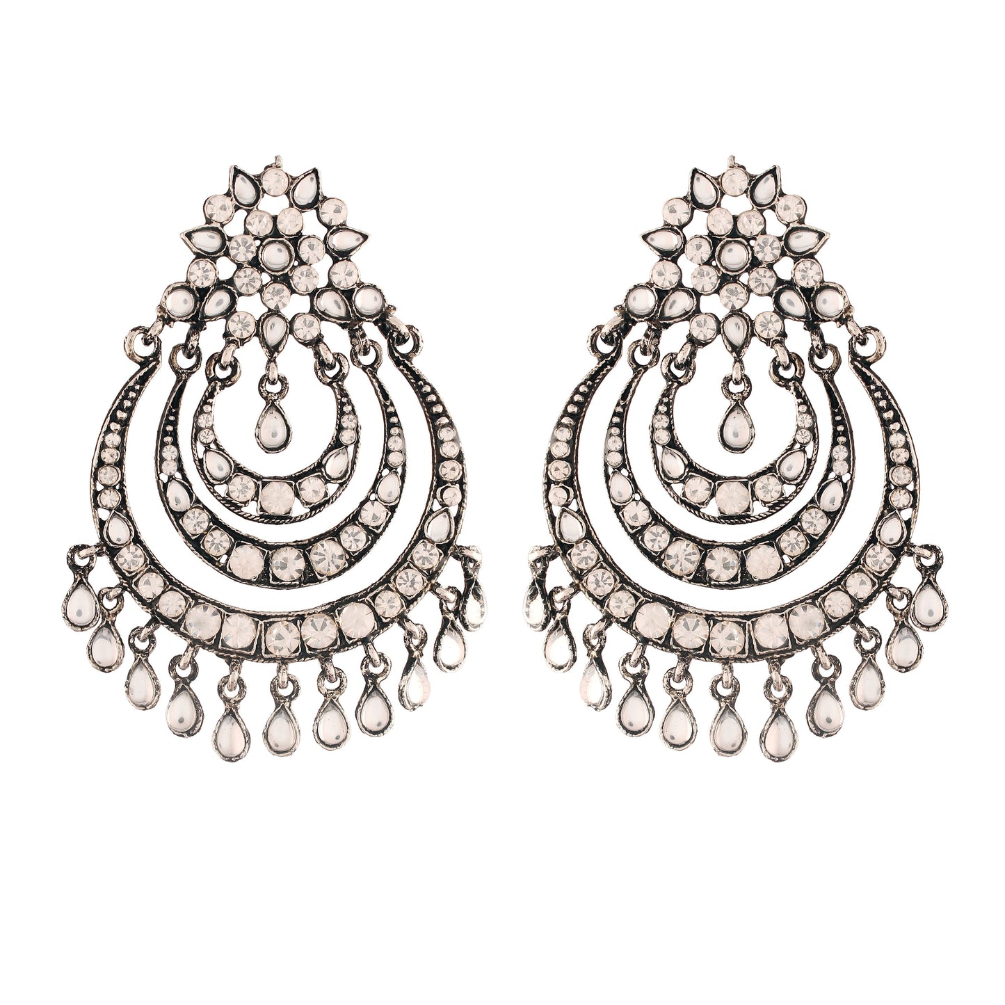 Women's  Silver Oxidised Traditional Stone Studded Chandbali Earrings