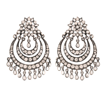 Women's  Silver Oxidised Traditional Stone Studded Chandbali Earrings