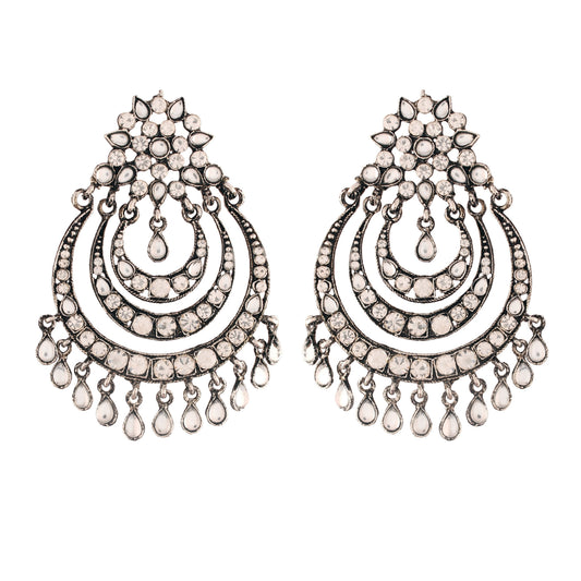 Women's  Silver Oxidised Traditional Stone Studded Chandbali Earrings