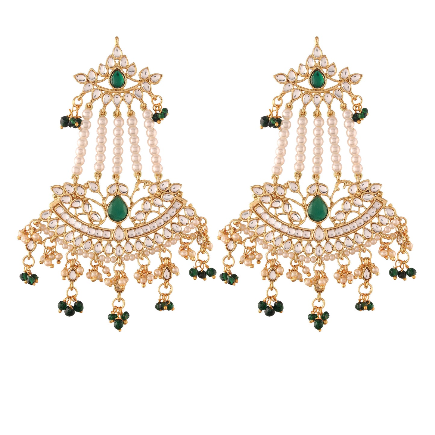 Women's  Gold Plated Traditional Kundan & Pearl Dangler Drop Paasa Green Earrings