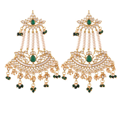 Women's  Gold Plated Traditional Kundan & Pearl Dangler Drop Paasa Green Earrings