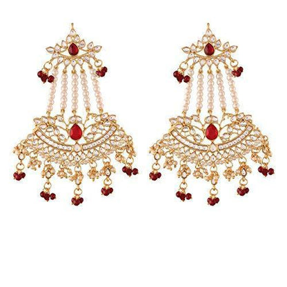 Women Golden Traditional Kundan & Pearl Dangler Drop Maroon Earrings by I Jewels (1 Pai