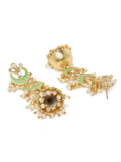 Women's Gold Plated 3 Layered Long Jhumki Earrings With Mint Enamel Glided