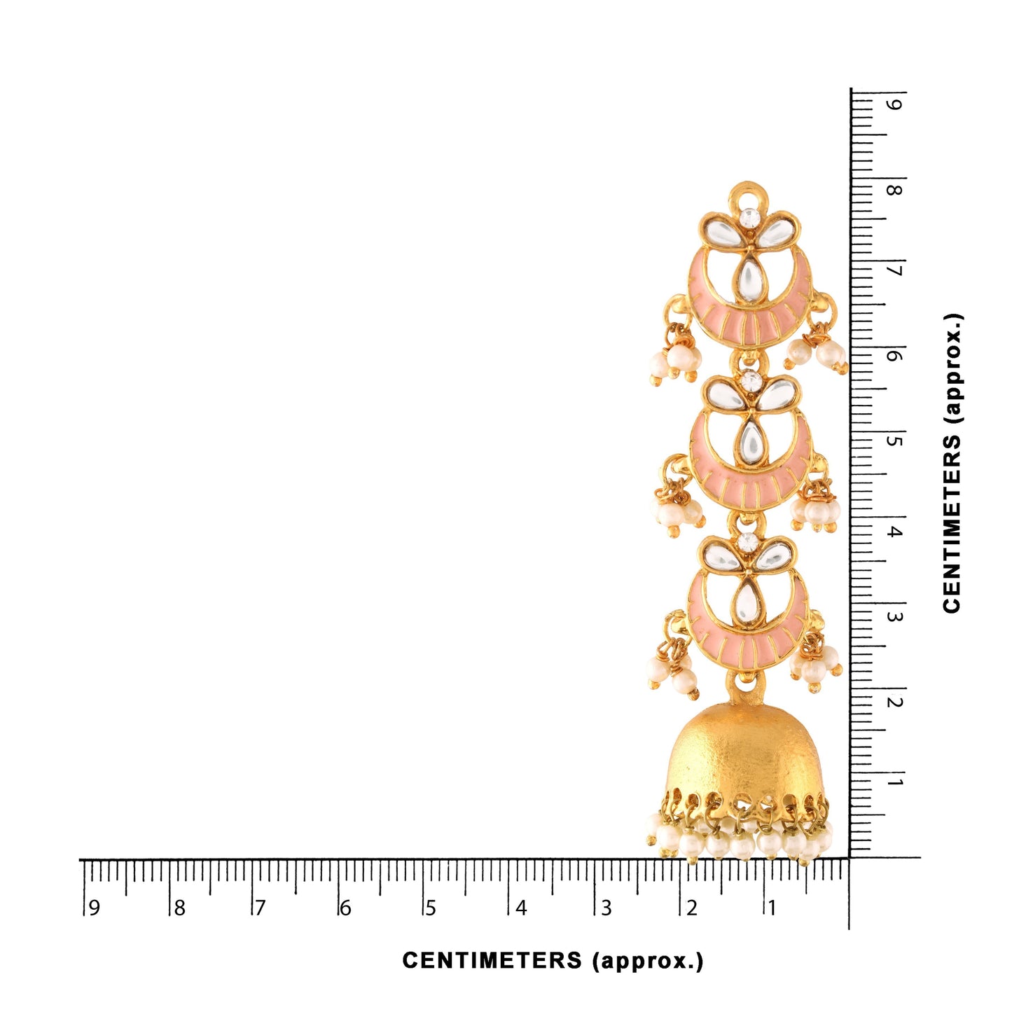 Women's  Gold Plated 3 Layered Long Jhumki Earrings With Pink Enamel Glided With Kundans & Pearls