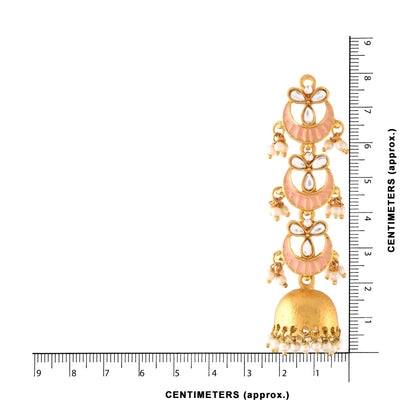 Women's  Gold Plated 3 Layered Long Jhumki Earrings With Pink Enamel Glided With Kundans & Pearls