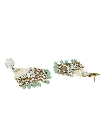 Women's Turquoise Gold Plated Handcrafted Meena Work Earring Glided With Kundan & Pearls