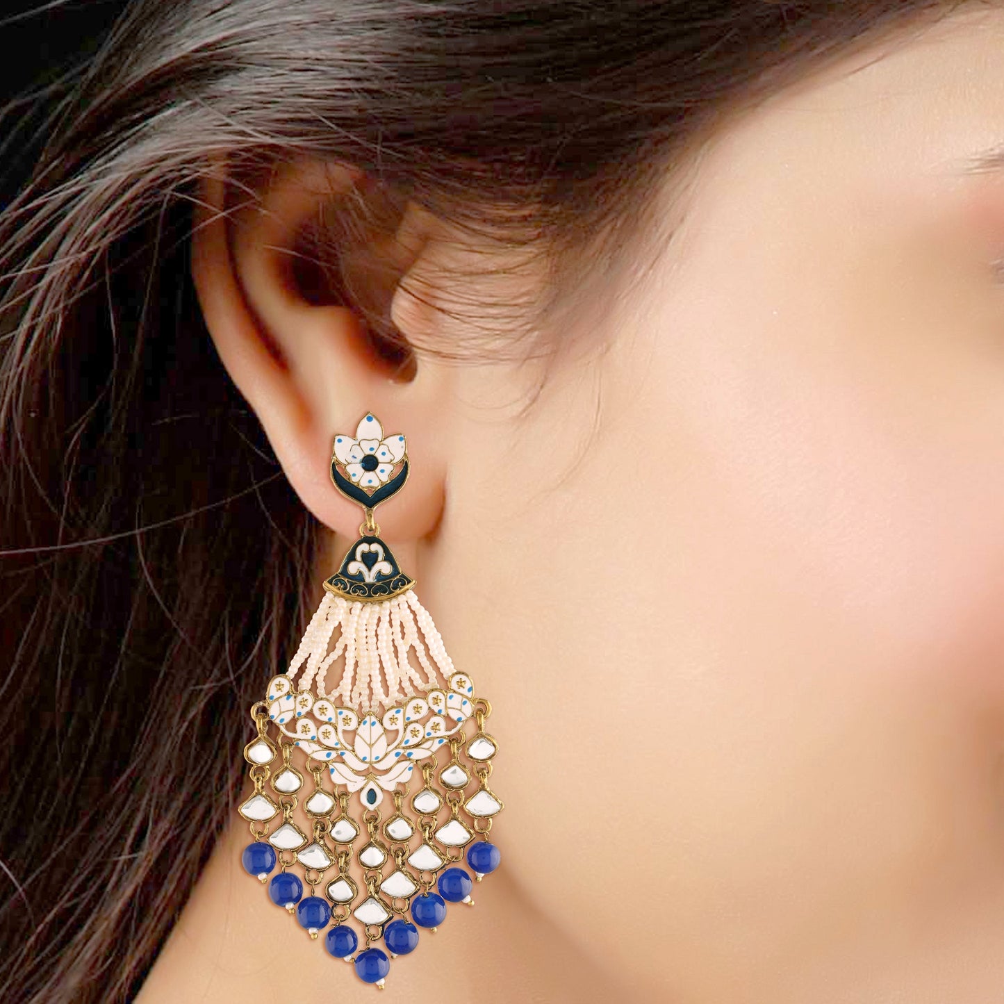 Women's  Blue Gold Plated Ethnic Meenakri Dangler Earrings Studded With Kundan