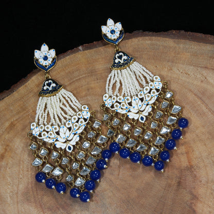 Women's  Blue Gold Plated Ethnic Meenakri Dangler Earrings Studded With Kundan