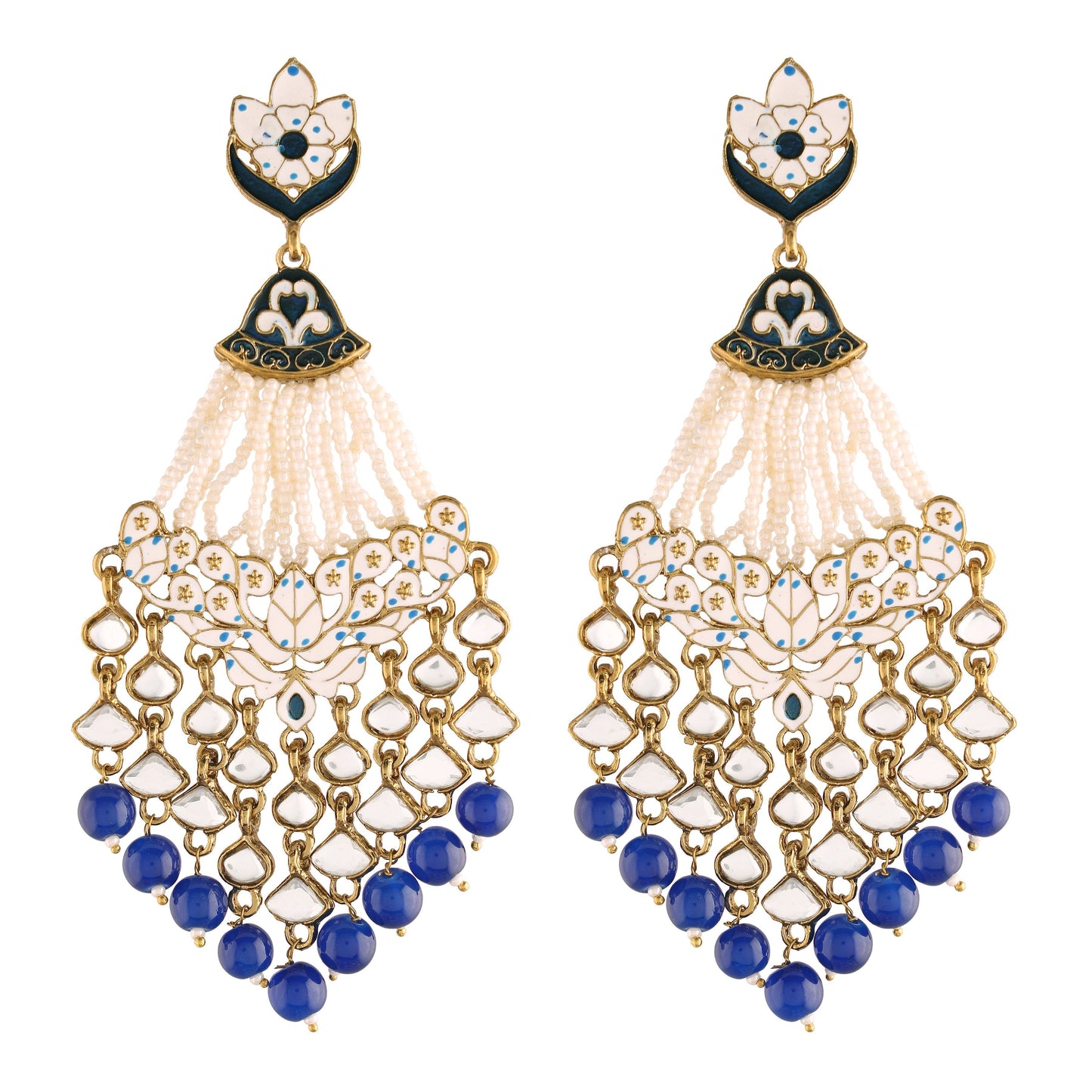 Women's  Blue Gold Plated Ethnic Meenakri Dangler Earrings Studded With Kundan