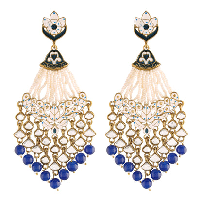 Women's  Blue Gold Plated Ethnic Meenakri Dangler Earrings Studded With Kundan