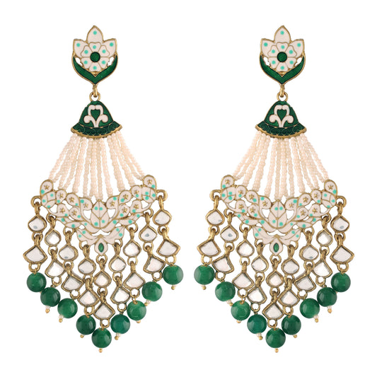 Women's Green Gold Plated Traditional Handcrafted Meena Work Earring Glided With Kundan & Pearls