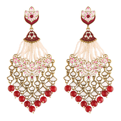 Women's Maroon Gold Plated Ethnic Meenakari Dangler Earrings Studded With Kundan