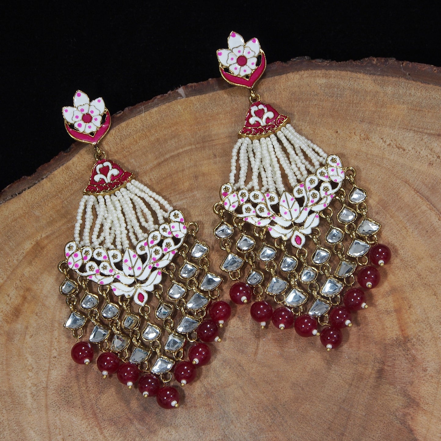 Women's Maroon Gold Plated Ethnic Meenakari Dangler Earrings Studded With Kundan
