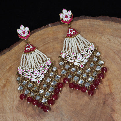 Women's Maroon Gold Plated Ethnic Meenakari Dangler Earrings Studded With Kundan