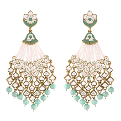 Women's Turquoise Gold Plated Handcrafted Meena Work Earring Glided With Kundan & Pearls