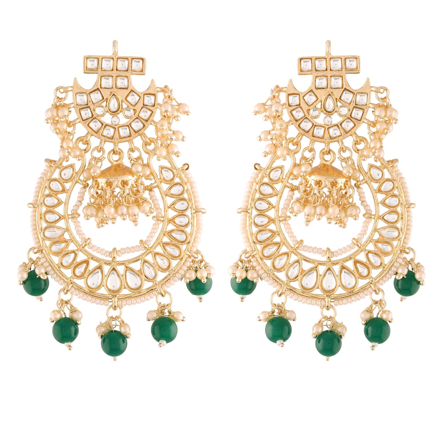 Women's  Gold Plated Kundan & Pearl Handcrafted Green Jhumki
