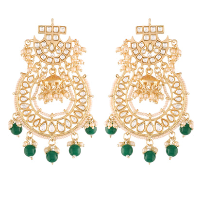 Women's  Gold Plated Kundan & Pearl Handcrafted Green Jhumki