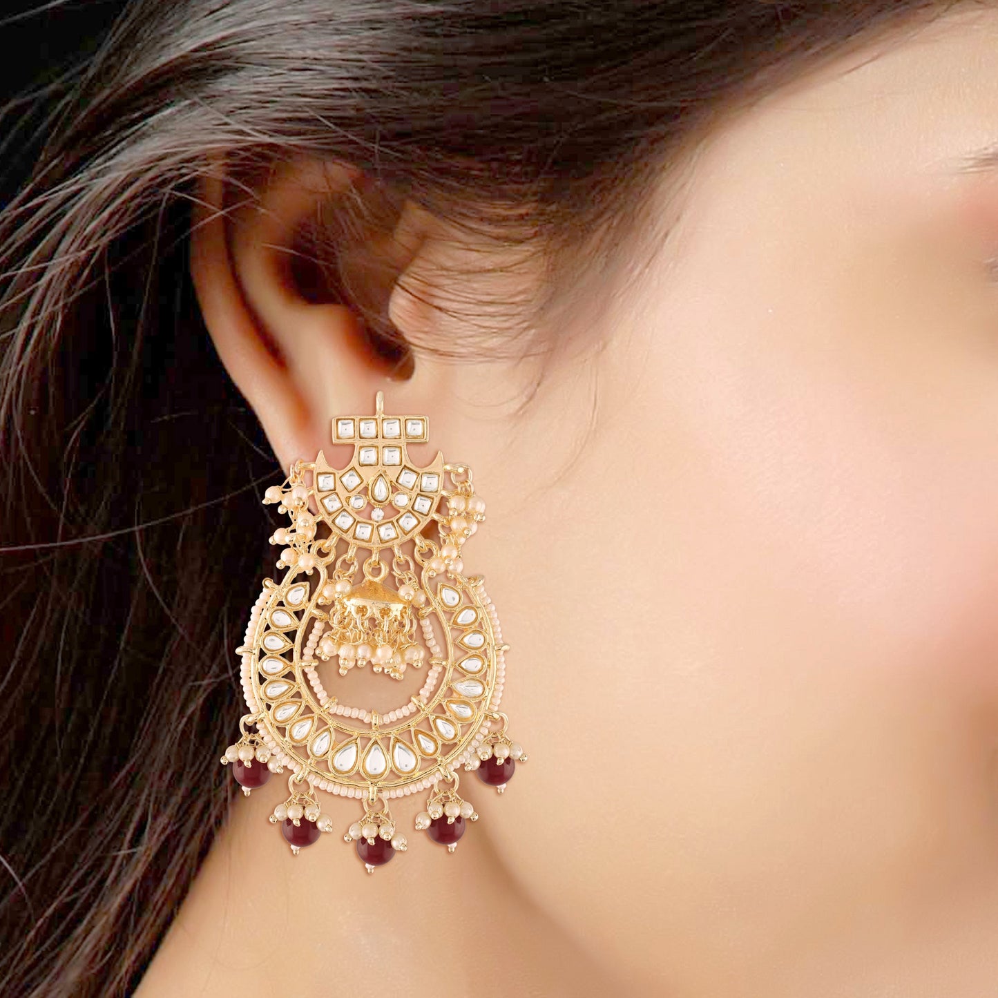 Women's  Gold Plated Kundan & Pearl Traditional Handcrafted Maroon Jhumki
