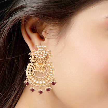 Women's  Gold Plated Kundan & Pearl Traditional Handcrafted Maroon Jhumki