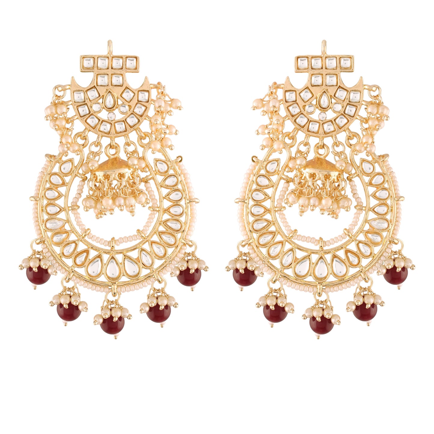 Women's  Gold Plated Kundan & Pearl Traditional Handcrafted Maroon Jhumki