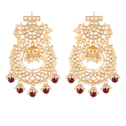 Women's  Gold Plated Kundan & Pearl Traditional Handcrafted Maroon Jhumki