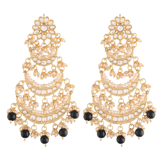 Women's  Gold Plated 3 Layered  Black Beaded Chandbali Earrings With Kundan And Pearl Work