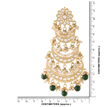Women's  Gold Plated 3 Layered Green Beaded Chandbali Earrings With Kundan And Pearl Work