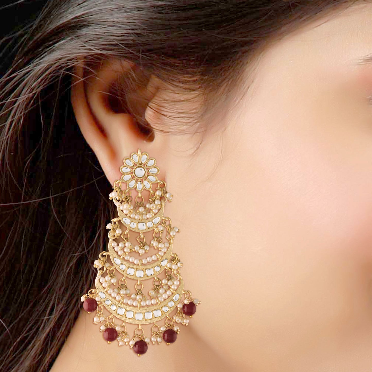 Women's  Gold Plated 3 Layered Marron Beaded Chandbali Earrings With Kundan And Pearl Work