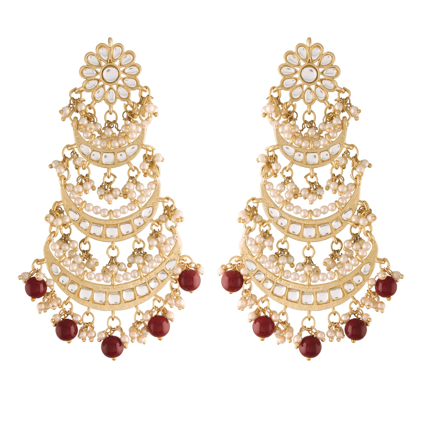Women's  Gold Plated 3 Layered Marron Beaded Chandbali Earrings With Kundan And Pearl Work