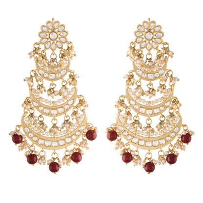 Women's  Gold Plated 3 Layered Marron Beaded Chandbali Earrings With Kundan And Pearl Work