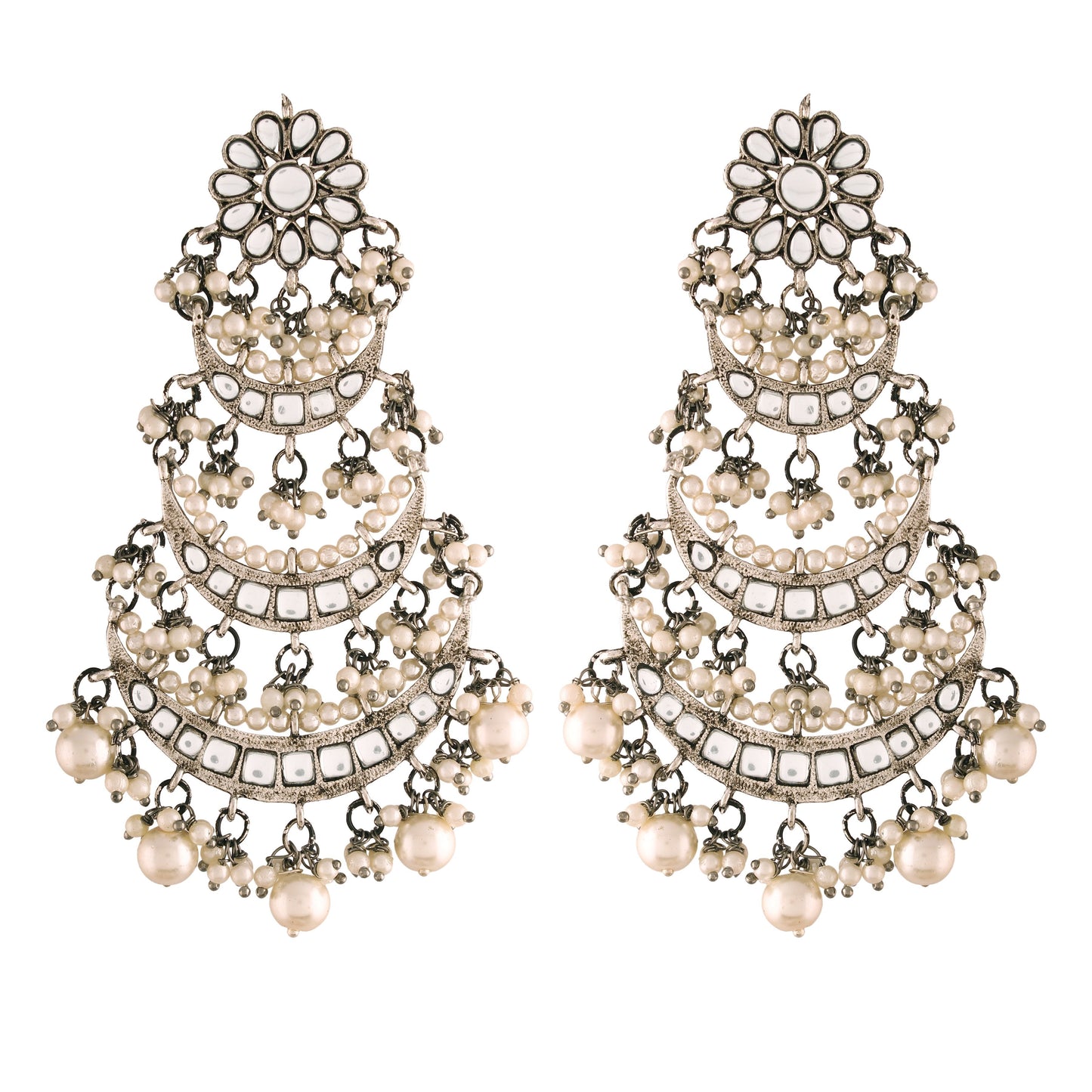 Women's  Silver Oxidised 3 Layered Chandbali Earrings With Kundan And Pearl Work