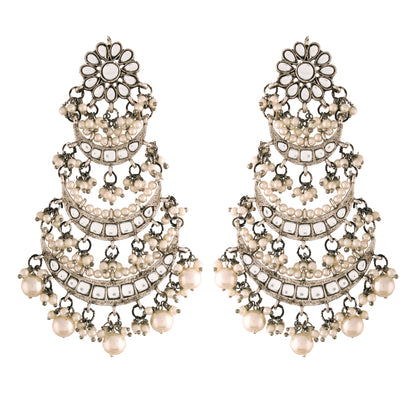 Women's  Silver Oxidised 3 Layered Chandbali Earrings With Kundan And Pearl Work