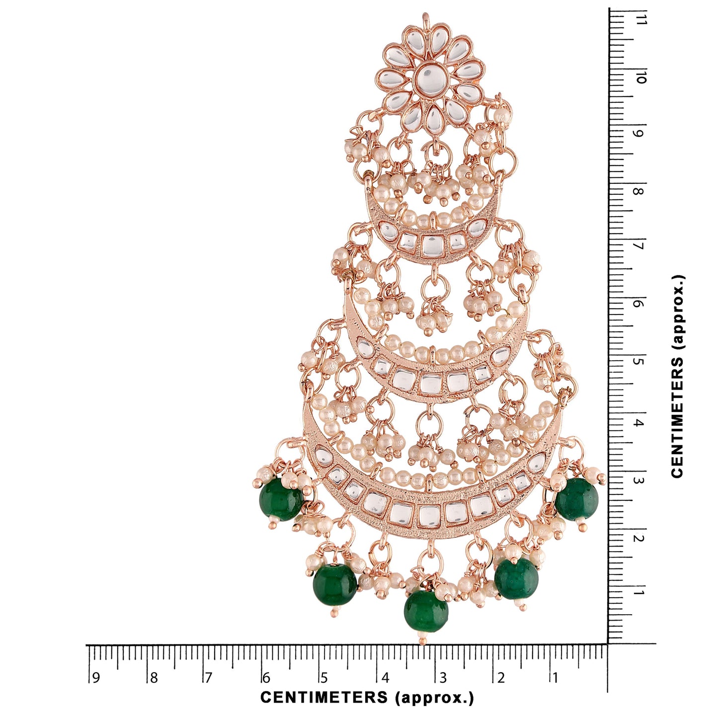 Women's  Rose Gold Plated 3 Layered Beaded Chandbali Earrings With Kundan And Pearl Work