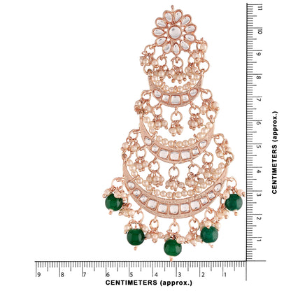 Women's  Rose Gold Plated 3 Layered Beaded Chandbali Earrings With Kundan And Pearl Work