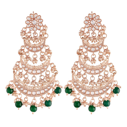 Women's  Rose Gold Plated 3 Layered Beaded Chandbali Earrings With Kundan And Pearl Work