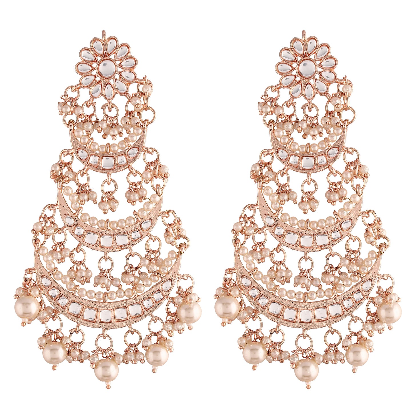 Women's  Rose Gold Plated 3 Layered Beaded Chandbali Earrings With Kundan And Pearl Work