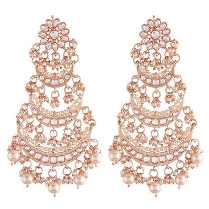 Women's  Rose Gold Plated 3 Layered Beaded Chandbali Earrings With Kundan And Pearl Work