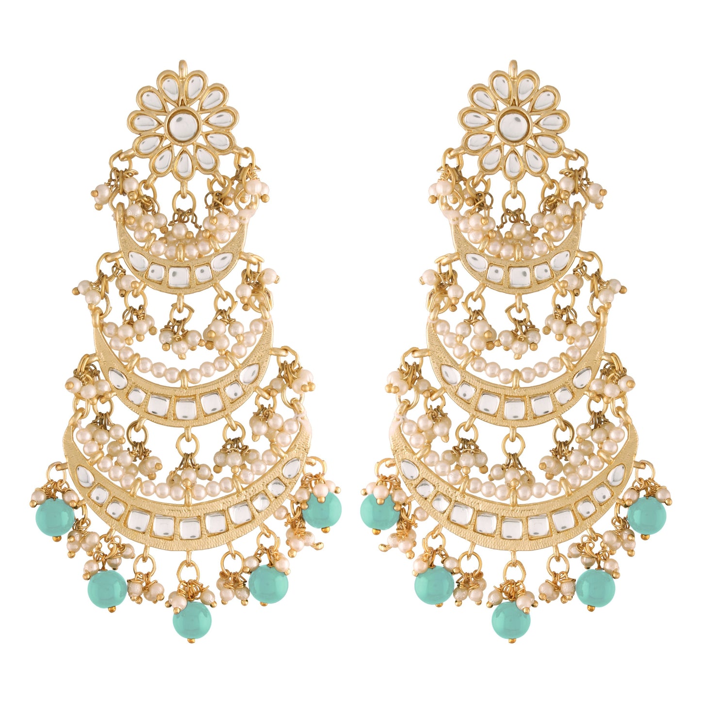 Women's Turquoise Gold Plated 3 Layered Beaded Chandbali Earrings With Kundan And Pearl Work