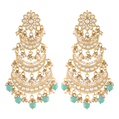 Women's Turquoise Gold Plated 3 Layered Beaded Chandbali Earrings With Kundan And Pearl Work