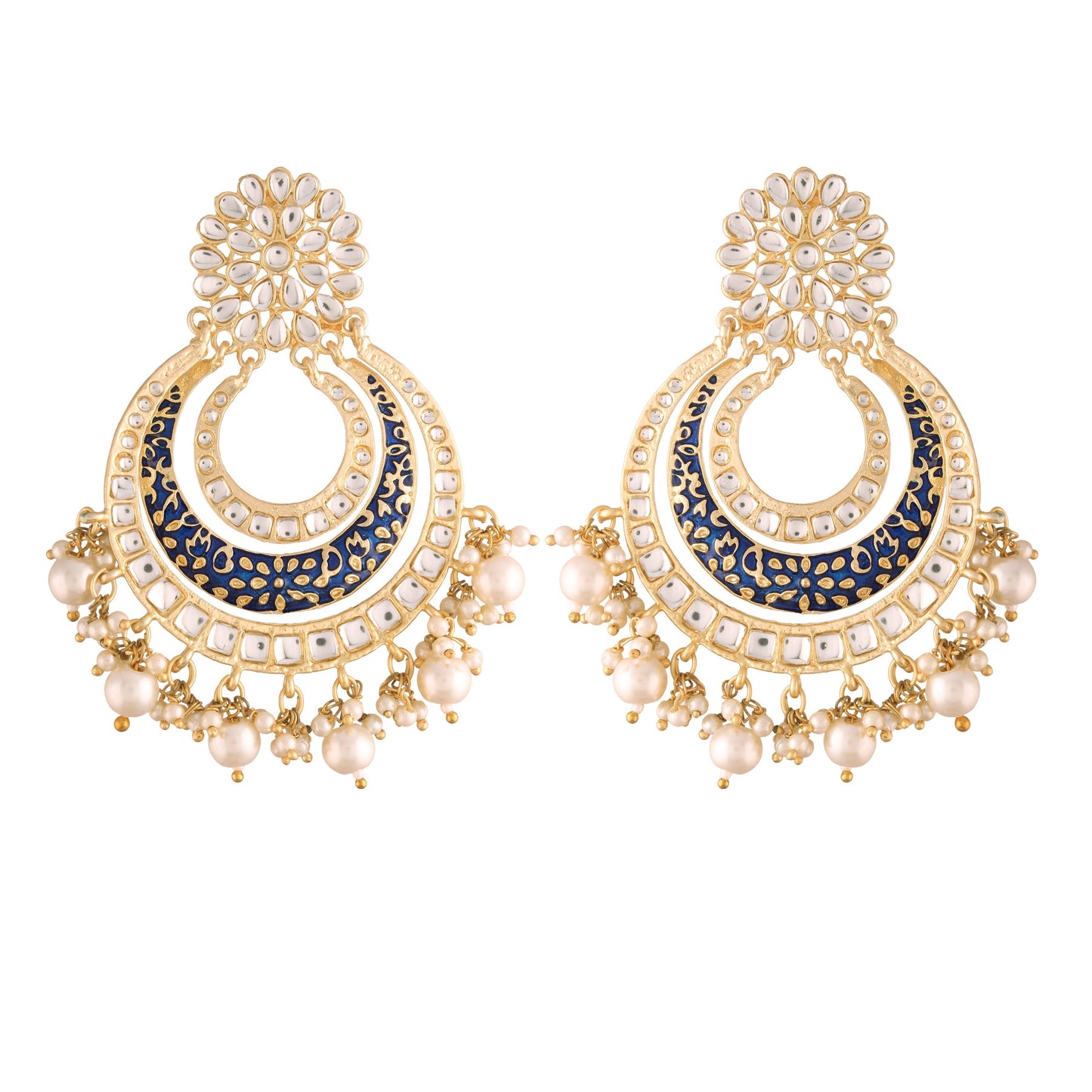 Women's  Black Handmade Royal Blue Enamel/Meenakari Kundan & Pearl Studded Earrings