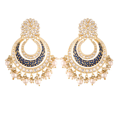 Women's  Black Handmade Royal Blue Enamel/Meenakari Kundan & Pearl Studded Earrings