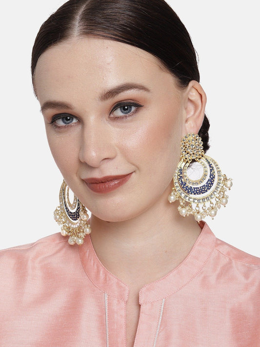 Women's  Black Handmade Royal Blue Enamel/Meenakari Kundan & Pearl Studded Earrings