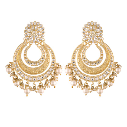 Women's  High Gold Matt Finish Plated Alloy Chandbali Kundan And Pearl Meenakari  Earrings