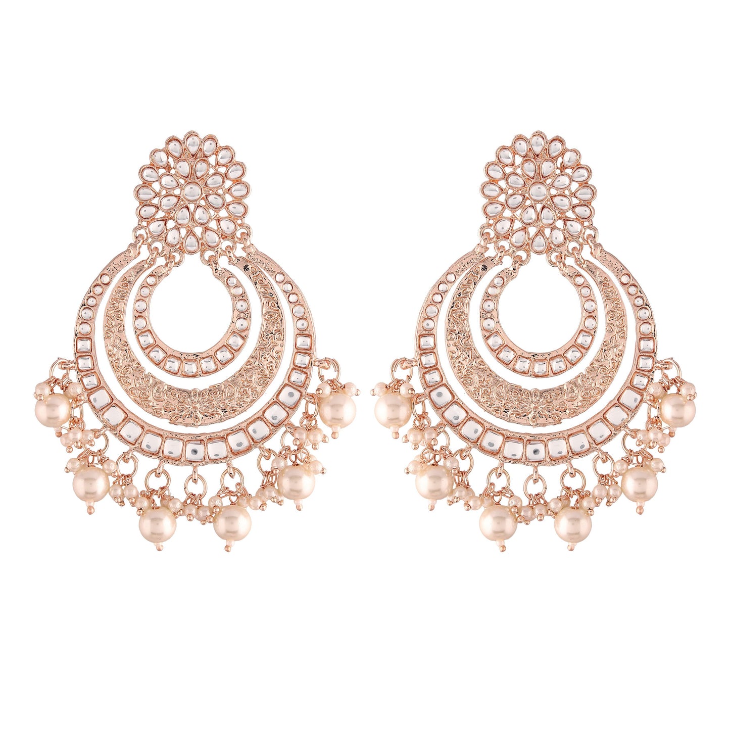 Women Rose Gold Kundan & Pearl Chandbali Earrings by I Jewels (1 Pai