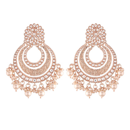 Women Rose Gold Kundan & Pearl Chandbali Earrings by I Jewels (1 Pai
