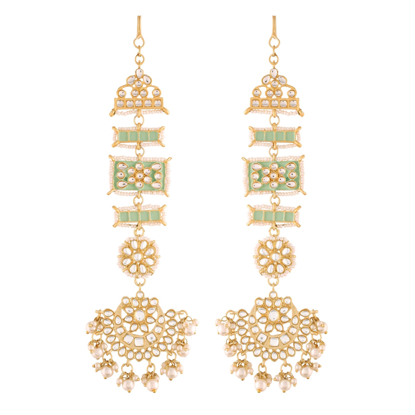 Women's Mint Gold Plated Zinc Alloy Matte Finish Kundan And Pearl Work Chandbali Earrings