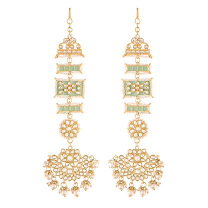 Women's Mint Gold Plated Zinc Alloy Matte Finish Kundan And Pearl Work Chandbali Earrings